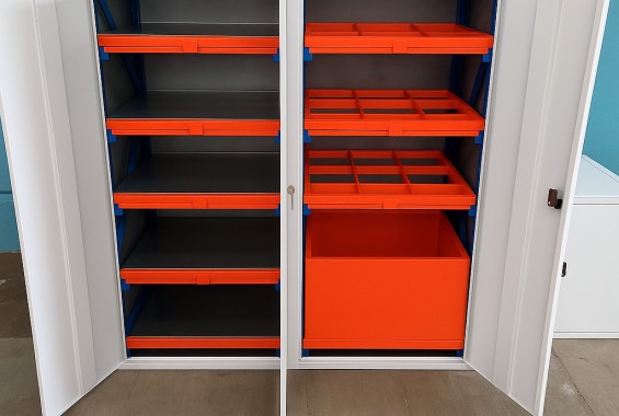 стеллажи с выдвижными полками и лотками